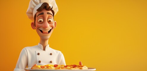 Le goût de l'Italie. Un chef pizzaiolo souriant, présentant une délicieuse pizza, arrière-plan orange, image avec espace pour texte. - obrazy, fototapety, plakaty