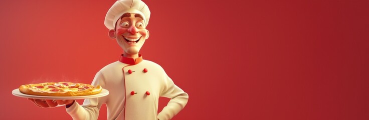 Le goût de l'Italie. Un chef pizzaiolo souriant, présentant une délicieuse pizza, arrière-plan rouge, image avec espace pour texte. - obrazy, fototapety, plakaty