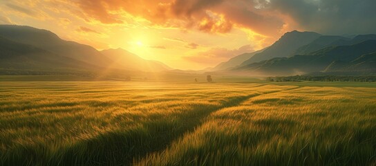 Naklejka na ściany i meble A stunning visual narrative of a golden wheat field kissed by the sunset with mountains standing guard