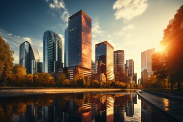 Abstract cityscape with skyscrapers on sunny day - high-quality business background - obrazy, fototapety, plakaty