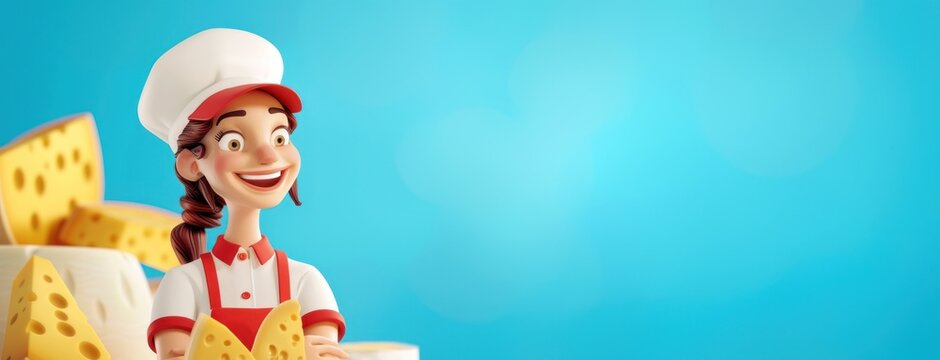 Personnage cartoon d'une femme fromag&egrave;re souriante, fromages au premier plan, image avec espace pour texte.