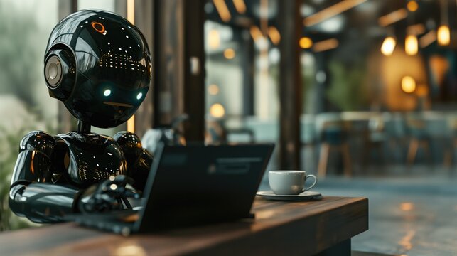 Black humanoid robot use laptop while sitting at cafe table