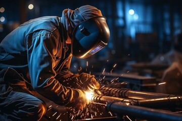 Professional welder in mask working on medium-sized pipe with blue light, close-up metal welding