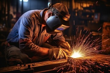 Professional welder working on medium pipe with protective mask, close-up metal welding - obrazy, fototapety, plakaty