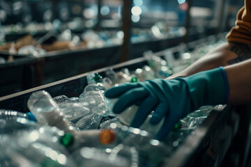 The hands of the employee in gloves are close-up. On the conveyor for recycling and sorting garbage from plastic bottles, glasses of different sizes, garbage sorting and recycling concept