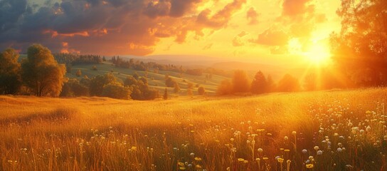 Tranquil landscape with a vibrant golden sunset illuminating rolling hillside meadows and fluffy dandelions