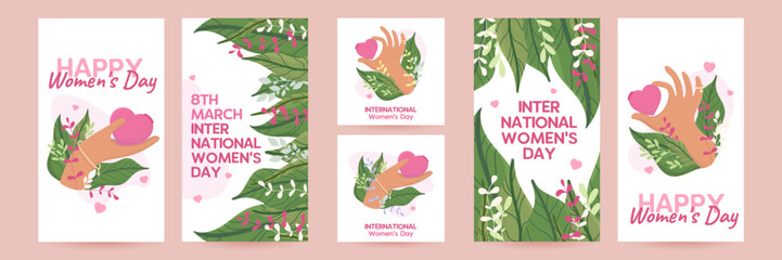 Collection of rectangular and square greeting cards for March 8, International Women's Day.  Set colorful, bright flat  postcard design. Leaves, hearts, flowers. Hand drawn vector for social media