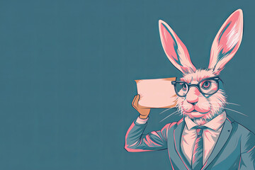 Ilustration of funny bunny wearing a sleek business suit and glasses, holding a blank sign. Funny drawing as a reminder of the need to file tax return - obrazy, fototapety, plakaty