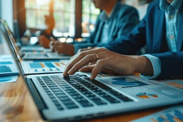 Analysis and strategic thinking Startup business group concept, Business man analyzing income charts and graphs with laptop computer. Generative AI.