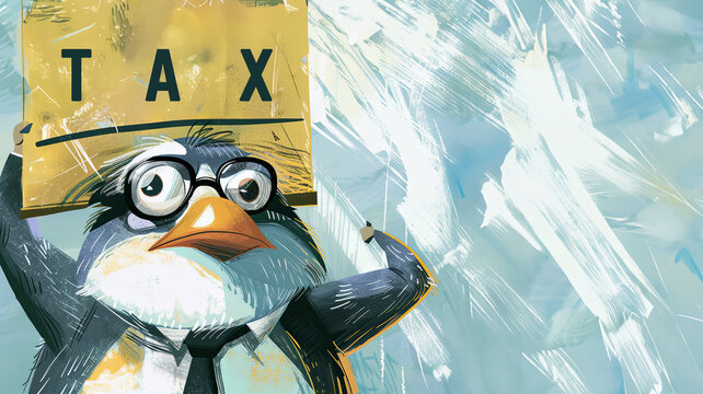 Penguin wearing a sleek business suit and glasses, holding a sign that reads Tax. Funny illustration as a reminder of the need to file tax return