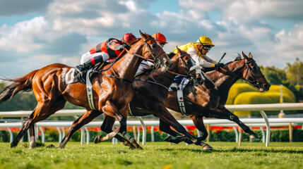 Horseback riding. A horse and jockey take part in an outdoor race. Concept of sport, movement. - Powered by Adobe