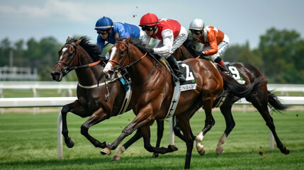 Horseback riding. A horse and jockey take part in an outdoor race. Concept of sport, movement.