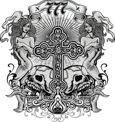 Gothic sign with skull, cross and antique, girls, grunge vintage design t shirts