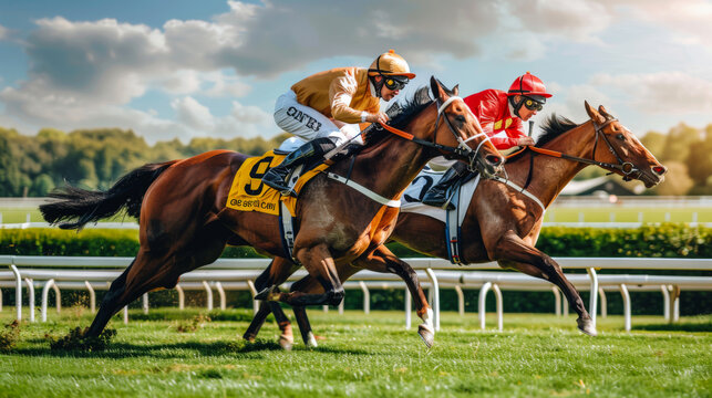 Horseback riding. A horse and jockey take part in an outdoor race. Concept of sport, movement.