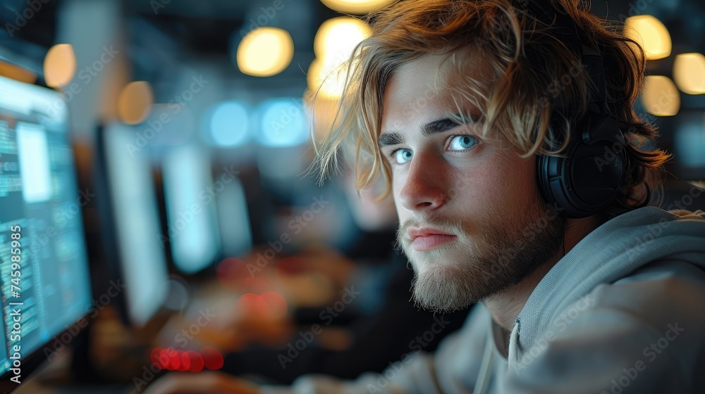 Aufkleber Focused programmers coding on computers in a modern tech office. Generative AI.