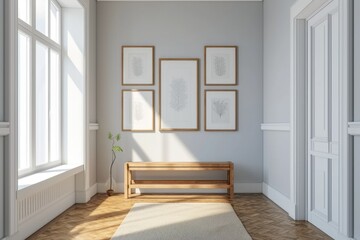 Sunlit room with grey walls, a wooden bench, botanical framed art, and a large window creating a warm atmosphere.