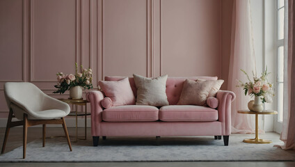 Room interior showcasing a pink loveseat on a light pastel background.