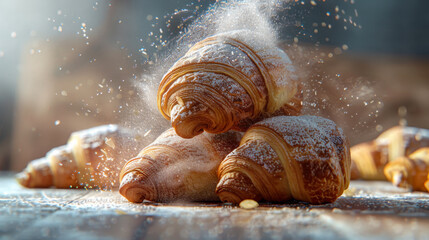 Close-up of freshly baked croissants in powdered sugar, with pink icing on the table, top view. Food concept. - obrazy, fototapety, plakaty