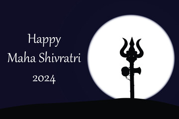 Happy maha Shivratri 2024. Greeting card with trishula for Maha Shivratri, a Hindu festival celebrated of Shiva Lord. Vector illustration.