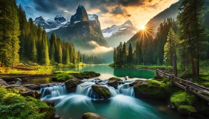 The tranquil atmosphere of nature with lush green forests, proud mountain silhouettes, and the cool waters of waterfalls - obrazy, fototapety, plakaty