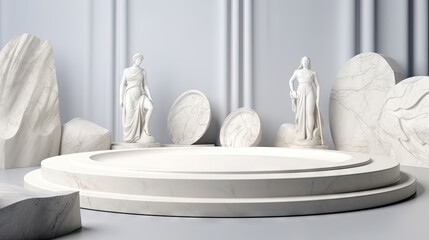Abstract ancient pedestal in minimalistic room. Interior with sone podium.