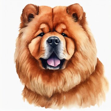Watercolor illustration of pure breed Chow Chow dog. Colorful painting of domestic animal. Hand drawn pet. Canine companion.