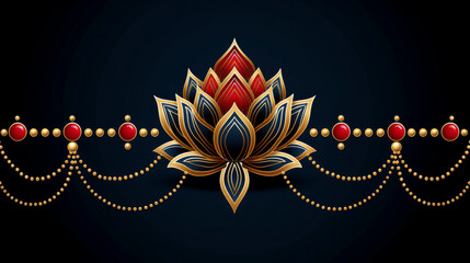 Fototapeta na wymiar geometric oriental gold and red flower on black background