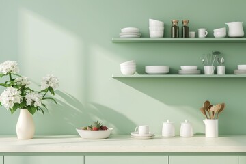 Fototapeta na wymiar Modern kitchen in pastel green tones with open shelving displaying white dishes, wooden utensils in a holder, and a large bouquet of white and pink flowers in a vase.