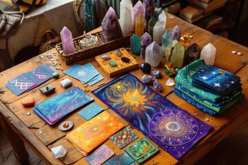 Vibrant mystic workspace with colorful tarot cards, crystals, and candles.