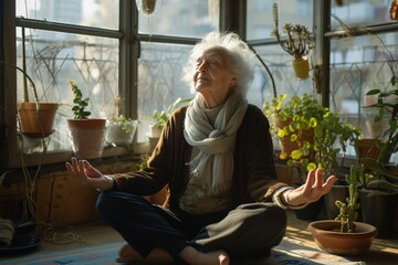 An indoor scene with a person meditating surrounded by plants with their face purposely blurred
