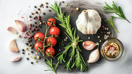 Foto op Plexiglas Fresh ingredients: ripe red tomatoes, garlic cloves, and rosemary sprigs, artfully arranged on a dark slate background with olive oil, peppercorns, and pink salt. Gourmet cooking concept. © Andrey