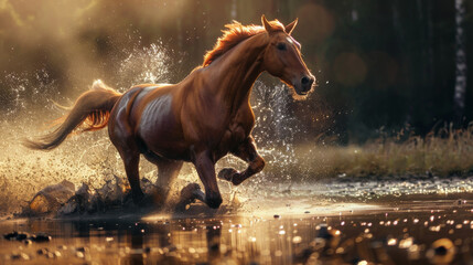 A chestnut horse gallops across the spring floor, through huge puddles. Animals concept. - Powered by Adobe