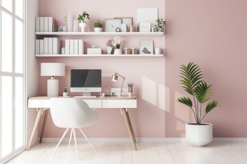 A modern home office with pastel pink walls, white furniture, floating shelves, and indoor plants, bathed in natural light from a large window.