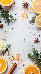 Sliced oranges and lemons adorned with star anise, cinnamon sticks, and pine needles, creating a festive, aromatic atmosphere perfect for the holiday season background.