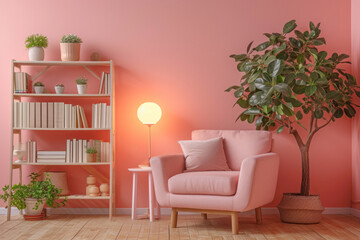A cozy home library corner with pastel coral walls, a comfortable pink armchair, a wooden bookshelf filled with books, potted plants, and a soft glowing floor lamp.