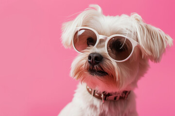 Small White Dog Wearing Sunglasses on Pink Background