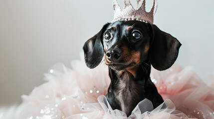 Dachshund vestido de princesa, cachorro da realiza  - obrazy, fototapety, plakaty