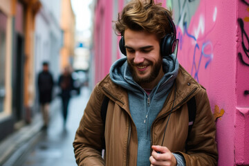 Fototapeta premium Hipster Man Listening to Music by Pink Wall