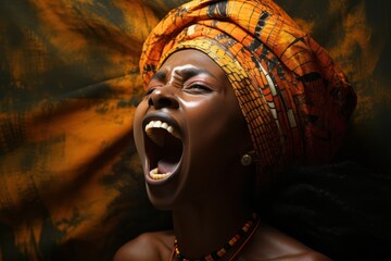 An African lady letting out a loud scream - obrazy, fototapety, plakaty