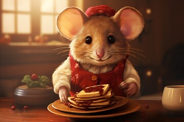 a mouse wearing a red dress and red apron with a stack of pancakes