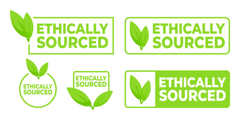Set of green Ethically Sourced labels with leaf icons, for products responsible sourcing and corporate ethics.