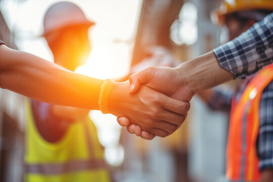 Engineer Team dealing cooperation shaking hand together. Engineering group worker enforce teamwork working project successful
