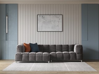 Mock up of a compact living room with trendy sofa design and stylish decorative background, 3D rendering.