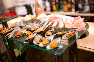Mussels on glass plate