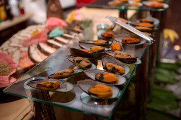Variety of appetizers are served on buffet table