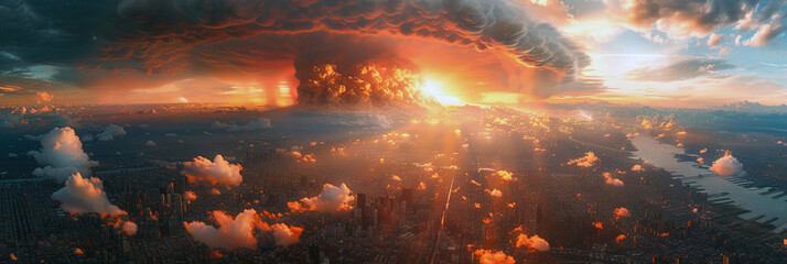 Fototapeta premium A nuclear explosion in the center of the big city. Concept of third world war. Apocalypse now banner