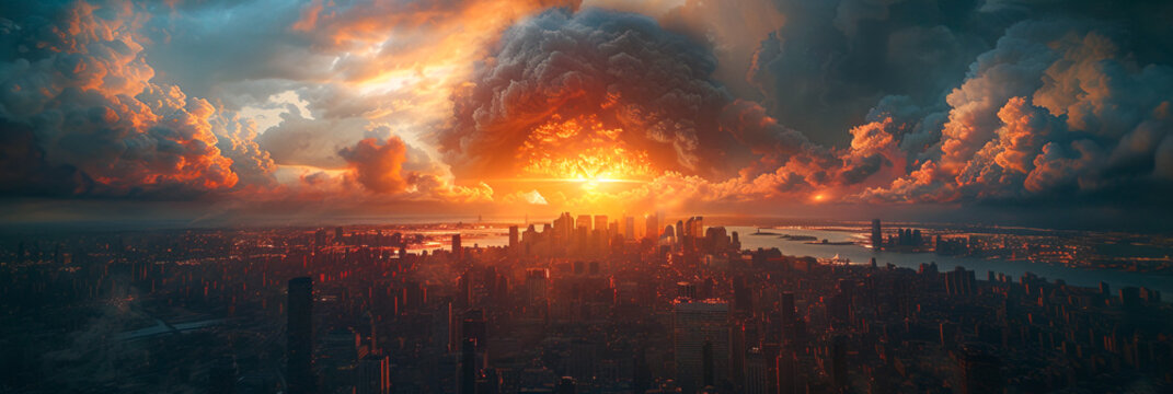 A nuclear explosion in the center of the big city. Concept of third world war. Apocalypse now