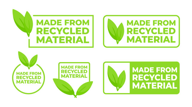 Set of labels indicating products are made from recycled material, featuring a green color scheme and leaf emblem for eco-awareness.