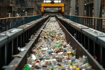An automated conveyor line sorts trash with recycled plastic bottles at waste garbage processing facility AI Generation
