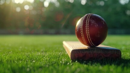 Cricket ball on top of cricket bat on green grass of cricket ground background - obrazy, fototapety, plakaty